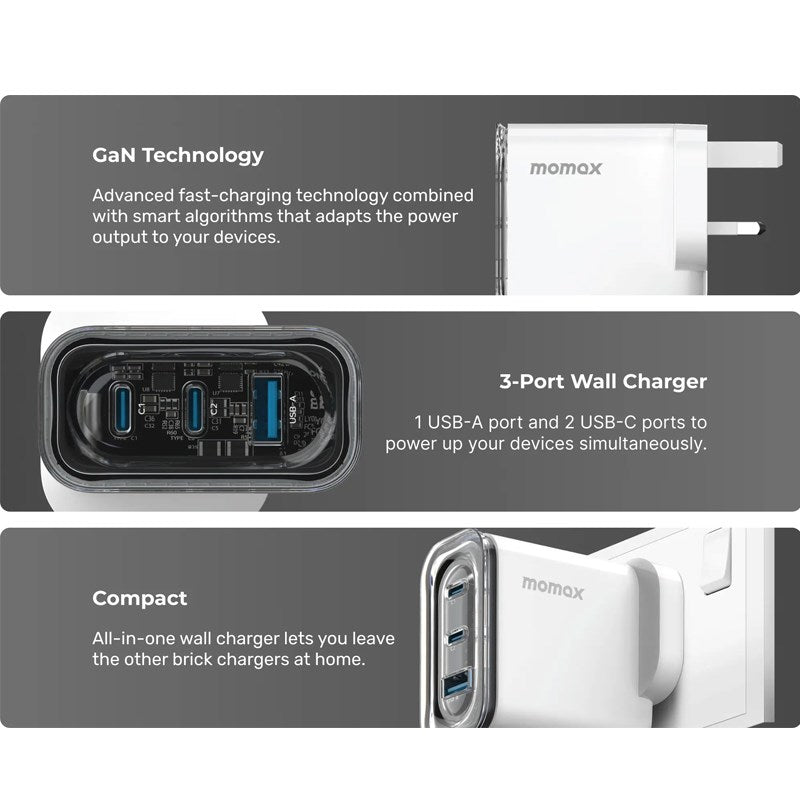 Momax 1-Charge Flow+ PD 80W GaN Wall Charger [3 Ports], White