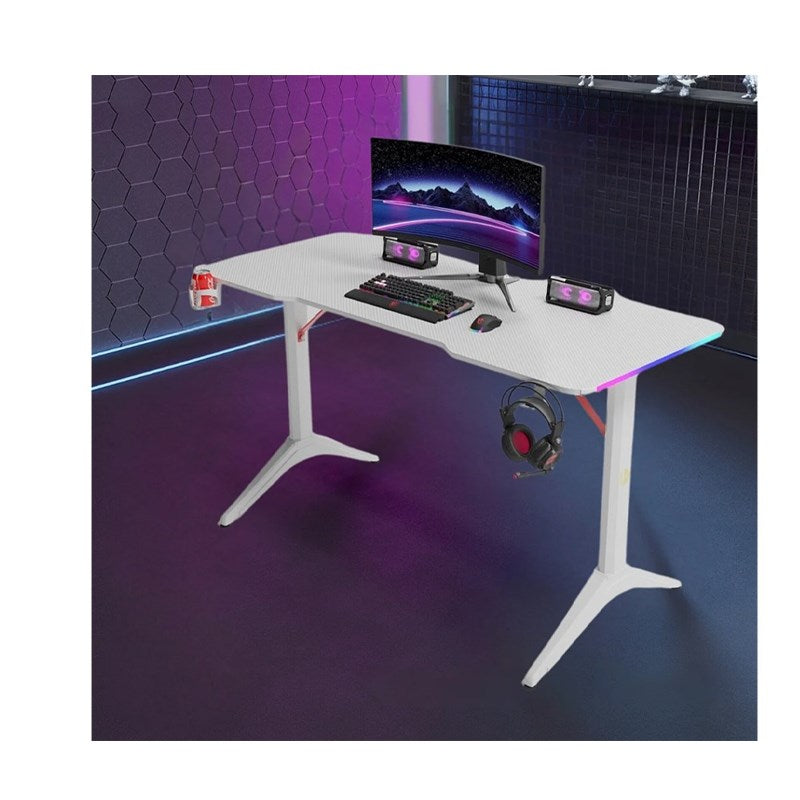 Royal Ergonomic Design Gaming Chair with Footrest - White + Royal RGB Lighting Gaming Desk with Carbon Fiber Surface - White