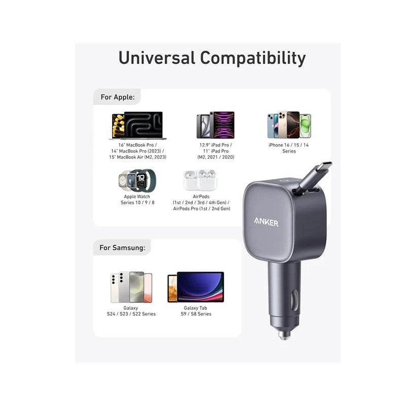 Anker Nano Car Charger (75 W, USB-C Port, Built-in Retractable USB-C Cable) - Silver