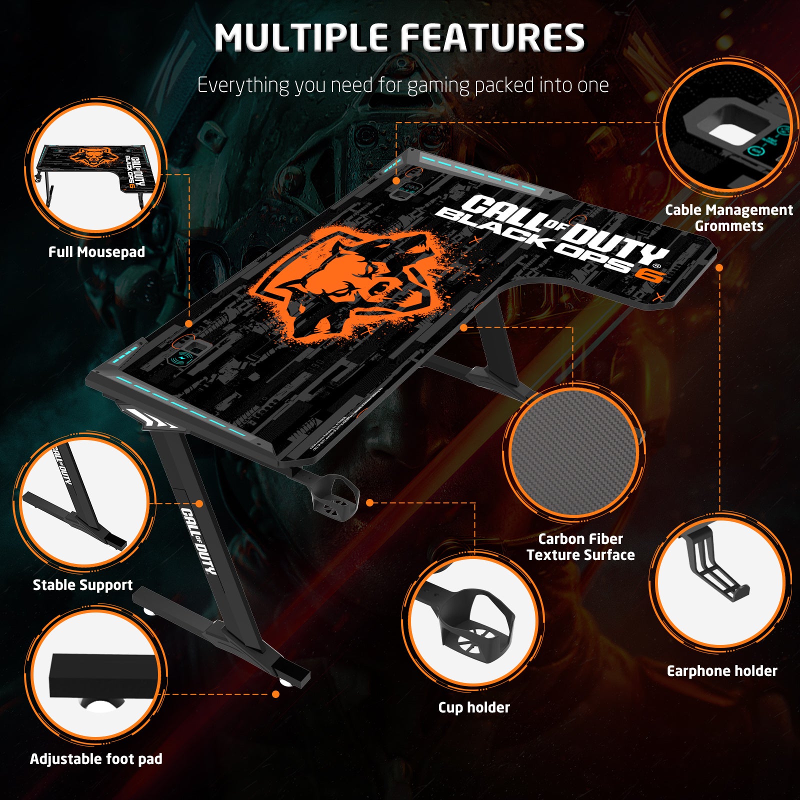 Call of Duty Flowing Light Gaming Desk With Full Table Mouse Pad, Wireless Charger, USB Splitter, Headphone Hook, Cup Holder