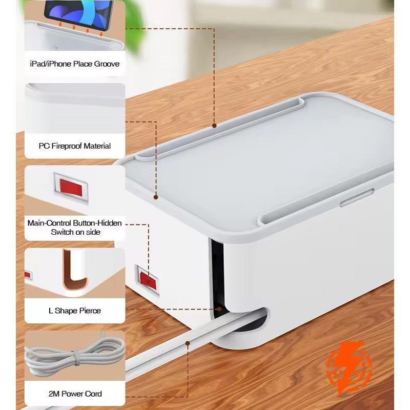 LDNIO SN5310 Power Extension Cord - 5 Universal AC Outlets, 3 USB-A Ports, Built-in Cable Management, Tablet Stand, 2500W, 2M Cable - White