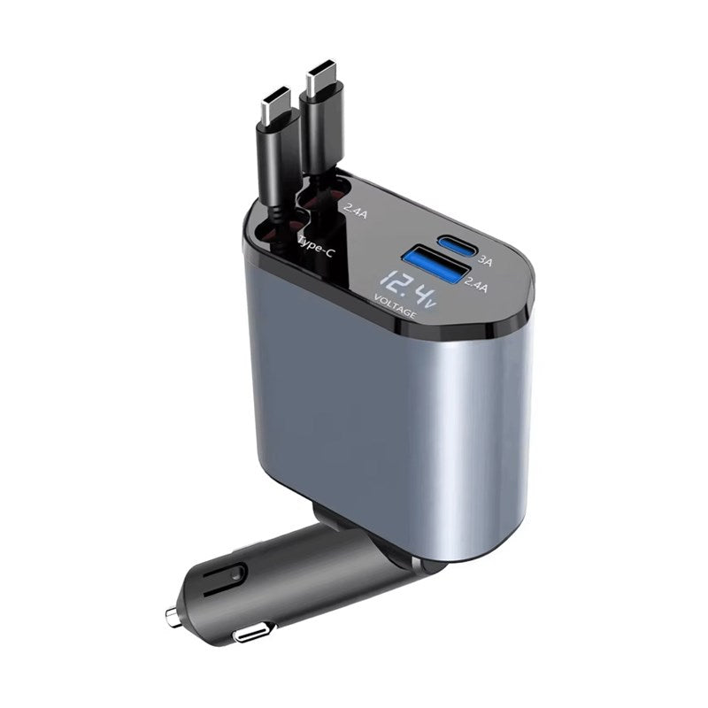4 In 1 Retractable Car Charger With LED Display, USB & Type-C Ports - Grey