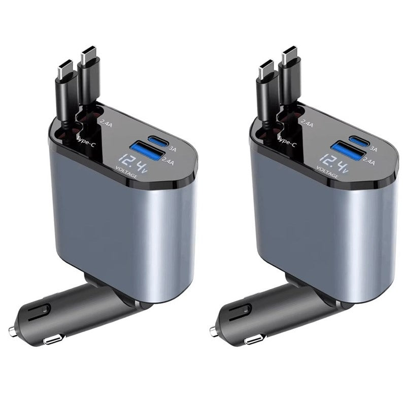 4 In 1 Retractable Car Charger With LED Display, USB & Type-C Ports - Grey, (Pack of 2)