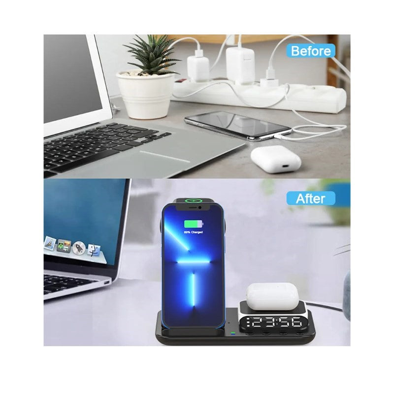 3 in 1, 15 W Wireless Charging Stand, Station For Multiple Devices with Night Light and Alarm Clock - Black, (Pack of 2)