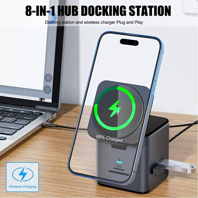8 in 1, USB C Magnetic Docking Station Wireless Charger 100W PD 4K, (Pack of 2)