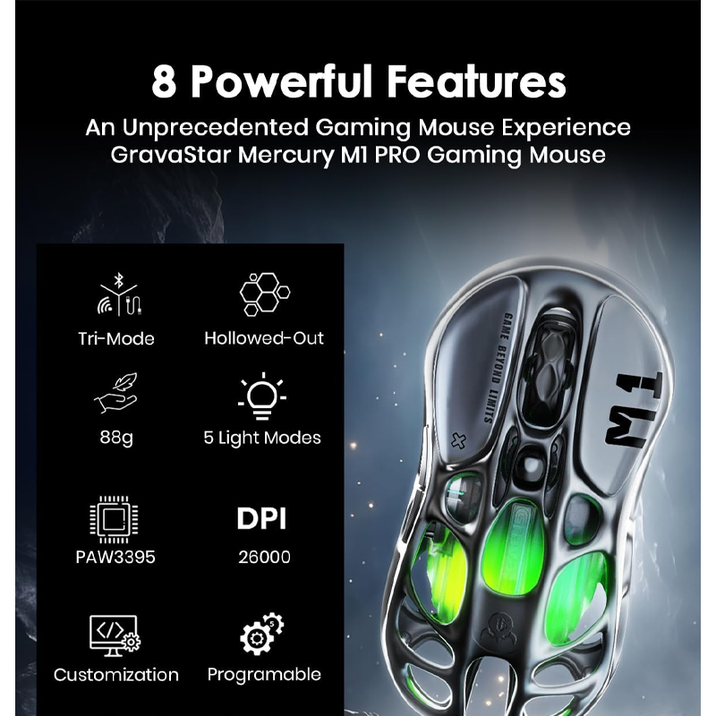 GravaStar Mercury M1 Pro Wireless Gaming Mouse - Gunmetal Grey
