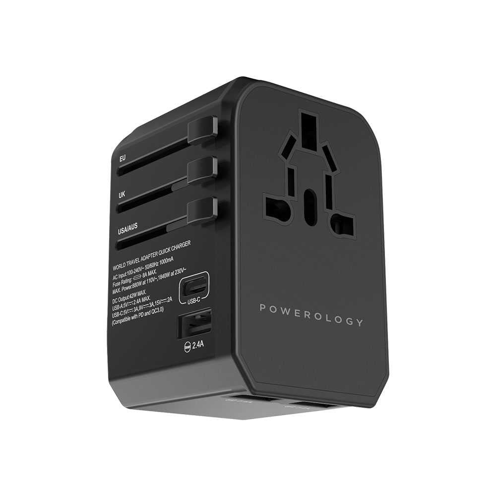 Powerology PD 45W Fast Charge + 2A USB Dual Output Universal Travel Adapter With 3 USB Ports - Black