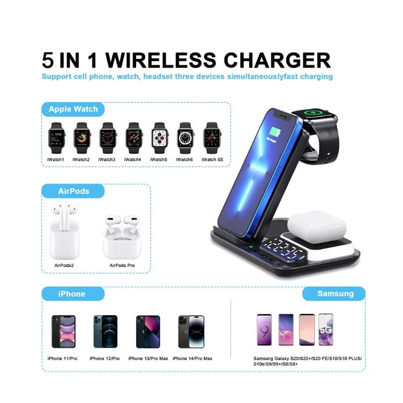 3 in 1, 15 W Wireless Charging Stand, Station For Multiple Devices with Night Light and Alarm Clock - Black, (Pack of 2)