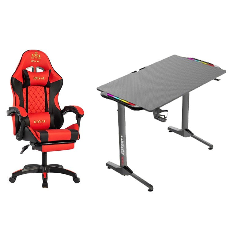 Royal Ergonomic Design Gaming Chair with Footrest - Red + Twisted Minds T Shaped RGB Gaming Desk (Dimension:110 cm x 60 cm x 75 cm)