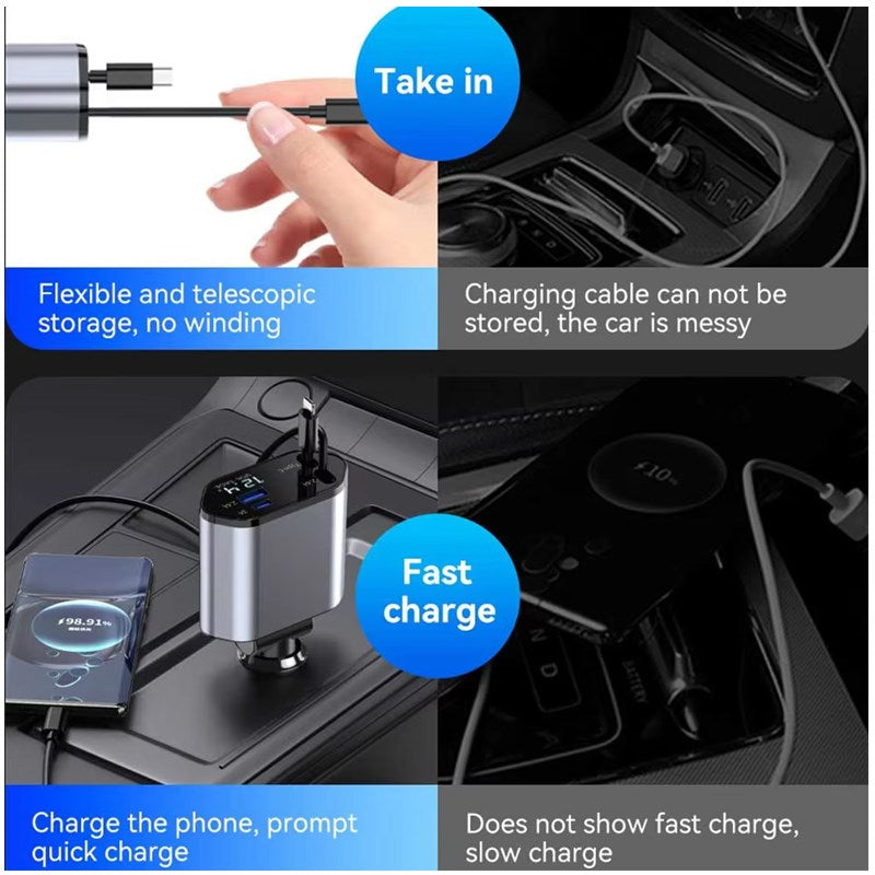 4 In 1 Retractable Car Charger With LED Display, USB & Type-C Ports - Grey