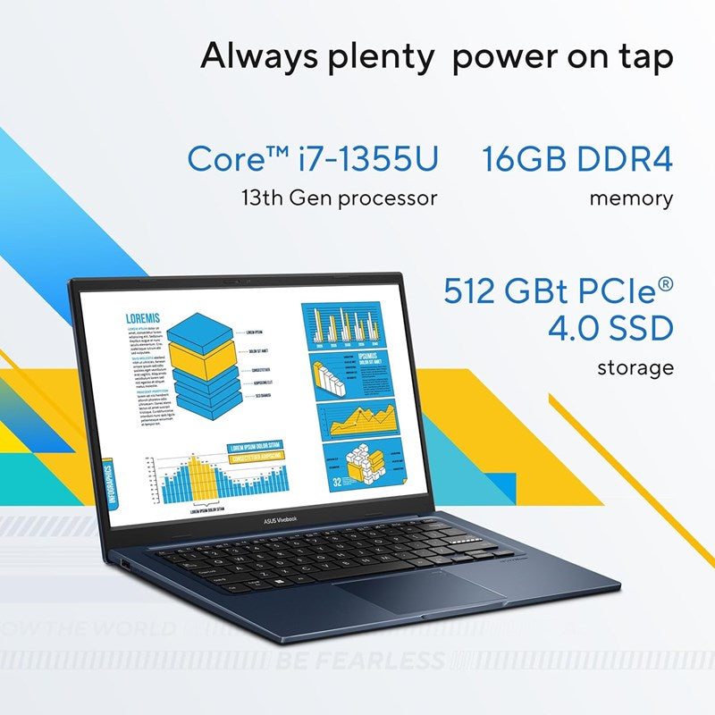 اسوس فيفوبوك 14، معالج إنتل كور i7-1355U، رامات 16 جيجابايت، 512 جيجابايت اس اس دي، شاشة 14 بوصة عالية الدقة (1920x1080)، نظام التشغيل ويندوز 11 هوم - أزرق هادئ