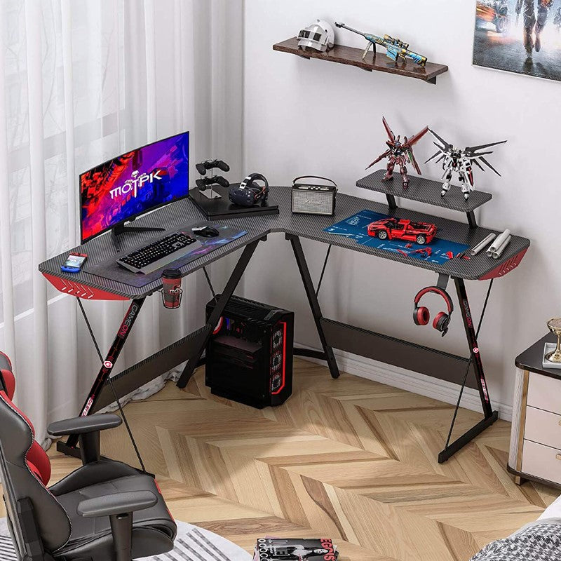 GAMEON L-Shaped Slayer I Series Gaming Desk (Size: 129*129*74cm & Table top 80*46cm) With Headset Hook, Cup Holder & Accessories Stand - Black