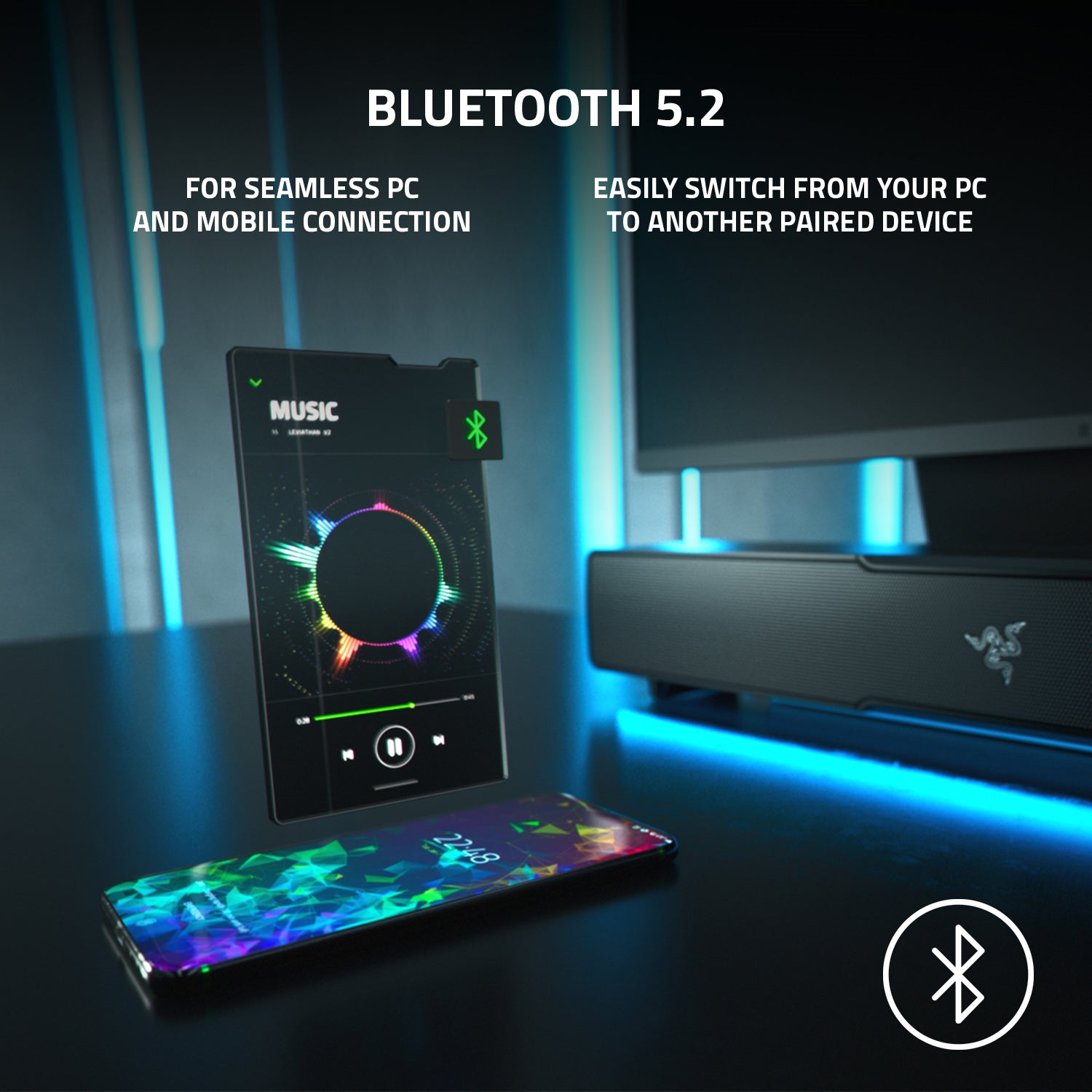 Razer Leviathan V2 Gaming Soundbar with Subwoofer, THX Spatial Audio, Bluetooth 5.2, USB Audio Input, Black
