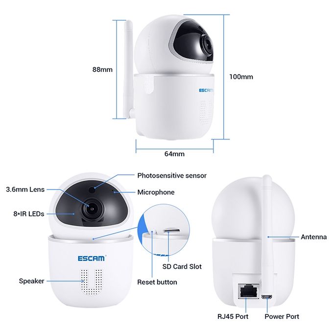ESCAM QF009 1080P 2MP Pan/Tilt WiFi Indoor IP IR Safety Surveillance Camera CCTV Day Night Video Monitor Mini Camera - White