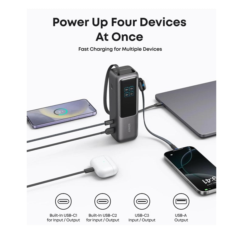 Anker 25,000mAh Power Bank with Triple 100 W USB-C Ports for Multi-Device Charging, Built-in and Retractable Cables - Black