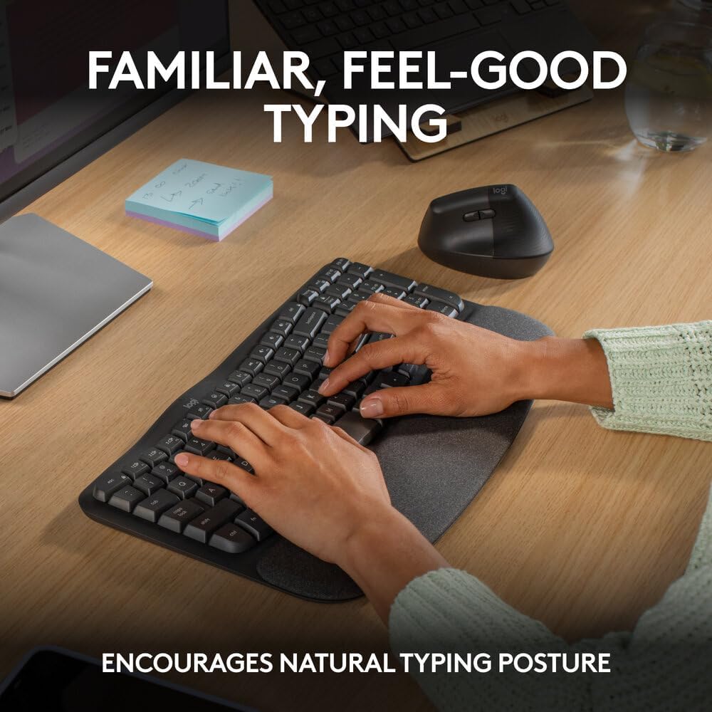 Logitech Wave Keys Wireless Ergonomic Keyboard with Cushioned Palm Rest, Comfortable Natural Typing,  Bluetooth, Logi Bolt Receiver, for Multi-OS, Windows/Mac, English/Arabic Layout - Graphite