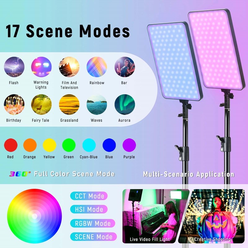 Weeylite 2 In 1 Sprite 40 RGB Selfie, Streaming Light Kit With (1) Portable Bag, (2), Light, (2) Tripod, (2) Two-way Converter, (2) DC Adapter, (1) Remote Controller - Black