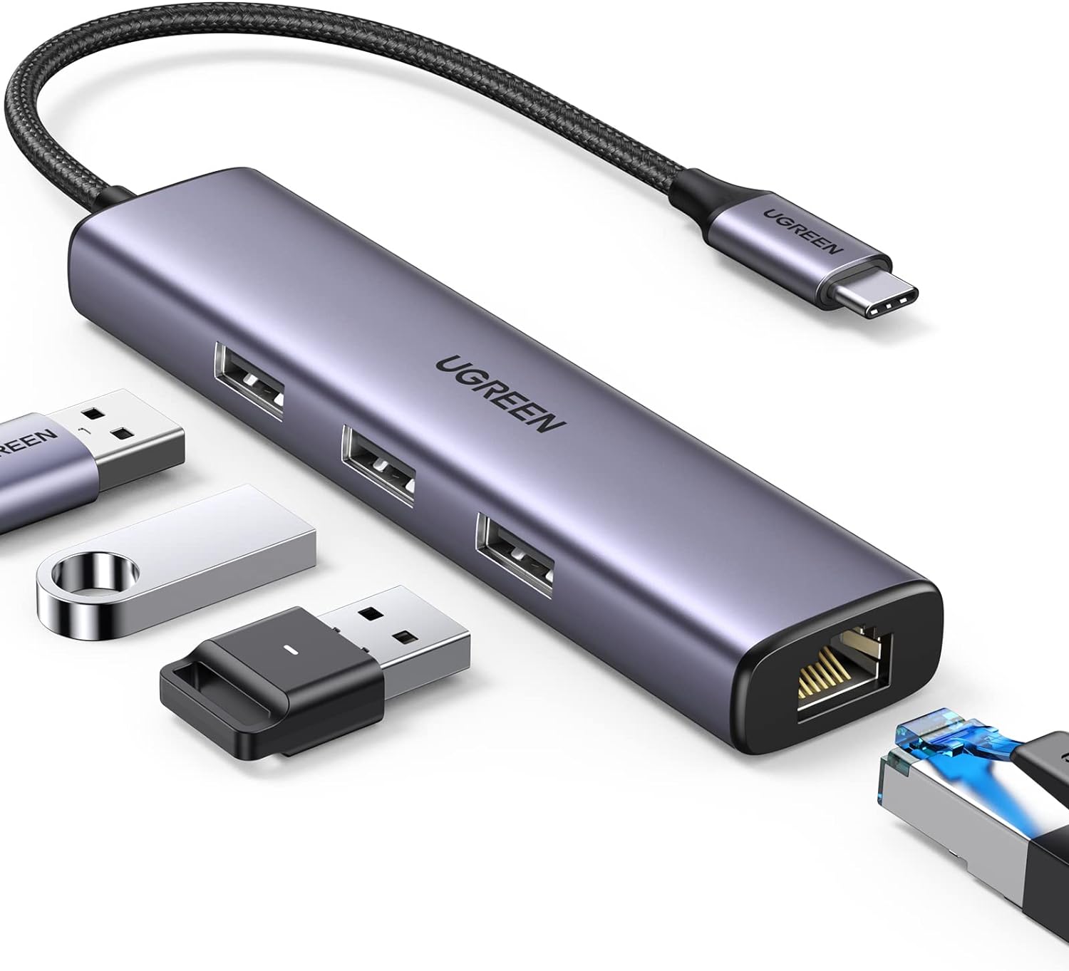 Ugreen multifunctional adapter HUB USB 3.0 - 3 x USB / Ethernet RJ-45 / USB Type C PD gray