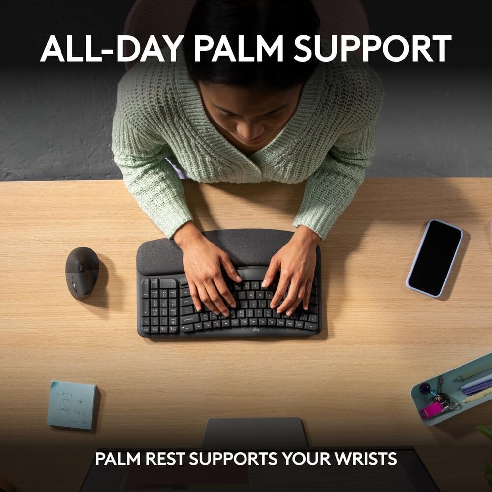 Logitech Wave Keys Wireless Ergonomic Keyboard with Cushioned Palm Rest, Comfortable Natural Typing,  Bluetooth, Logi Bolt Receiver, for Multi-OS, Windows/Mac, English/Arabic Layout - Graphite
