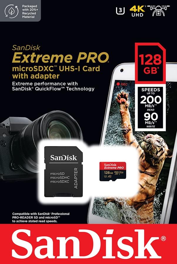 SanDisk 128GB Extreme PRO microSDXC UHS-I Memory Card for 4K UHD Videos, Up to 200MB/s Speed