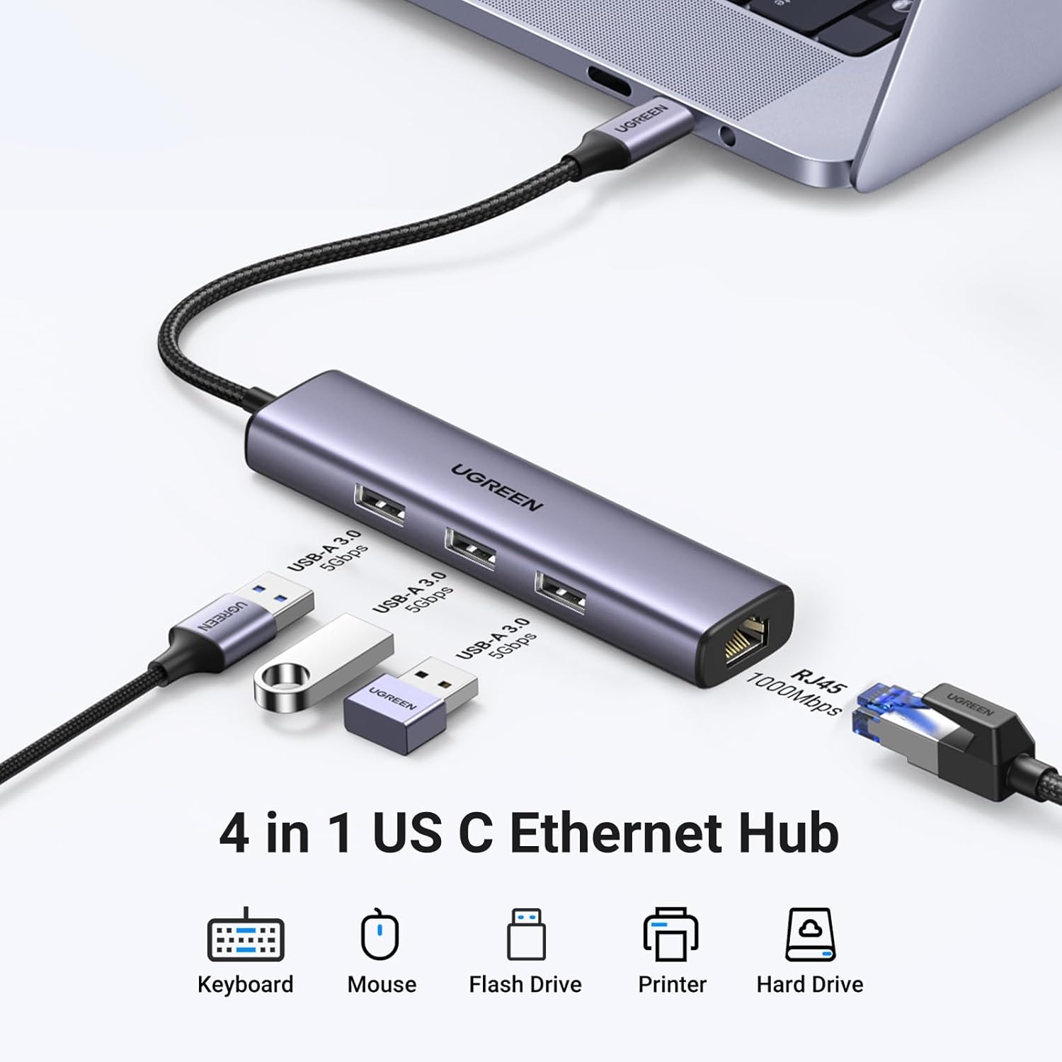 Ugreen multifunctional adapter HUB USB 3.0 - 3 x USB / Ethernet RJ-45 / USB Type C PD gray