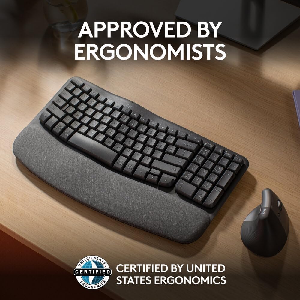 Logitech Wave Keys Wireless Ergonomic Keyboard with Cushioned Palm Rest, Comfortable Natural Typing,  Bluetooth, Logi Bolt Receiver, for Multi-OS, Windows/Mac, English/Arabic Layout - Graphite