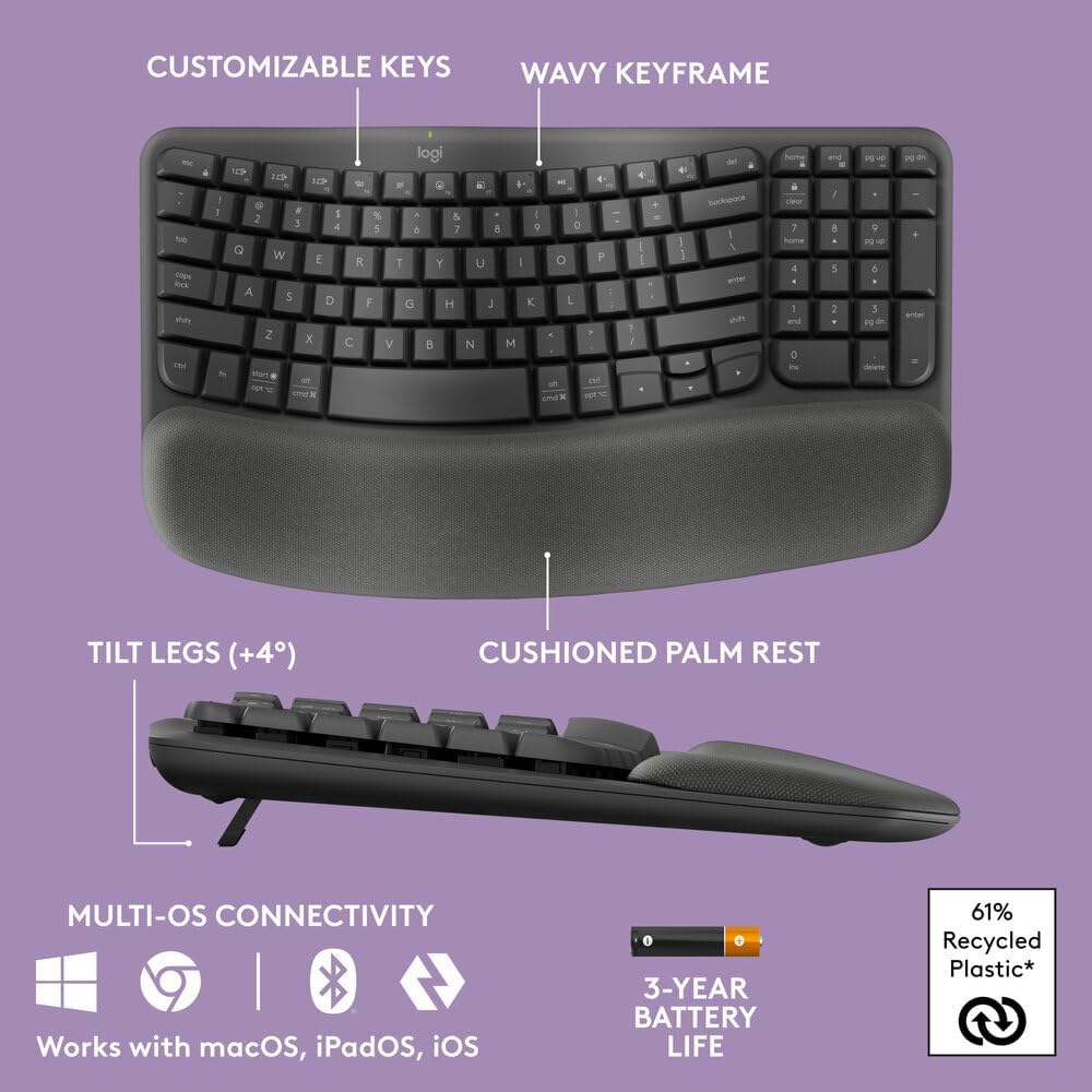 Logitech Wave Keys Wireless Ergonomic Keyboard with Cushioned Palm Rest, Comfortable Natural Typing,  Bluetooth, Logi Bolt Receiver, for Multi-OS, Windows/Mac, English/Arabic Layout - Graphite