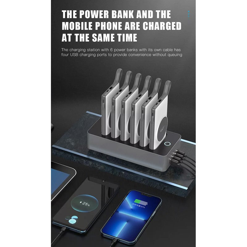 WST 6 In 1 Wireless Power Bank Docking Station (6 X 10,000 mAh), Aluminum + Abs Material,ith Built-in Cable (Lightning/Micro USB/Type C)