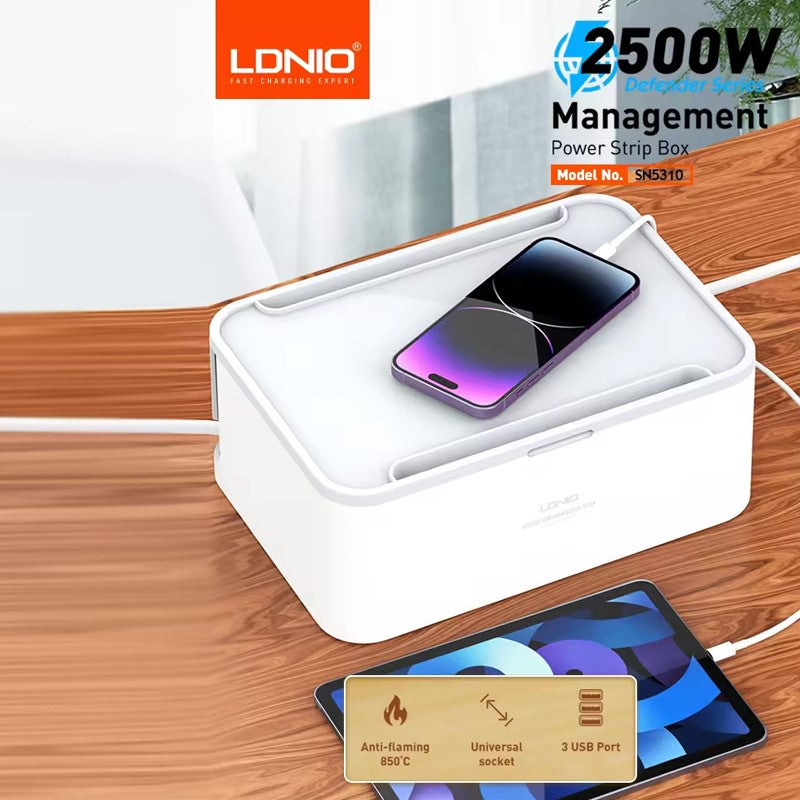 LDNIO SN5310 Power Extension Cord - 5 Universal AC Outlets, 3 USB-A Ports, Built-in Cable Management, Tablet Stand, 2500W, 2M Cable - White