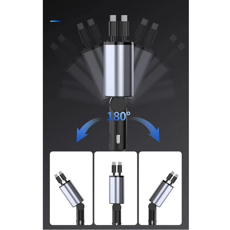 4 In 1 Retractable Car Charger With LED Display, USB & Type-C Ports - Grey