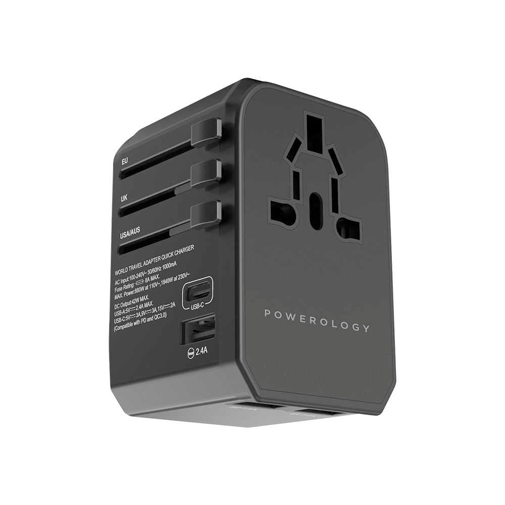 Powerology PD 45W Fast Charge + 2A USB Dual Output Universal Travel Adapter With 3 USB Ports - Black
