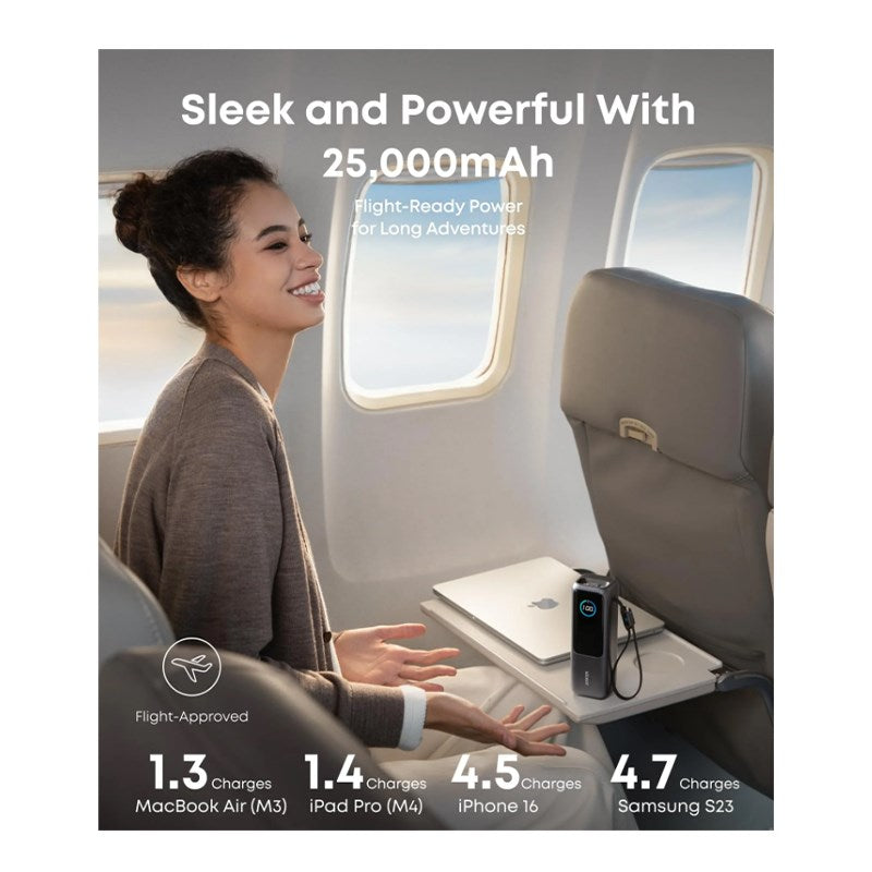Anker 25,000mAh Power Bank with Triple 100 W USB-C Ports for Multi-Device Charging, Built-in and Retractable Cables - Black