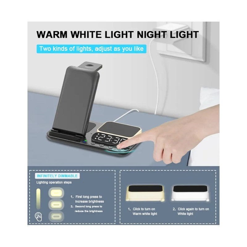 3 in 1, 15 W Wireless Charging Stand, Station For Multiple Devices with Night Light and Alarm Clock - Black, (Pack of 2)
