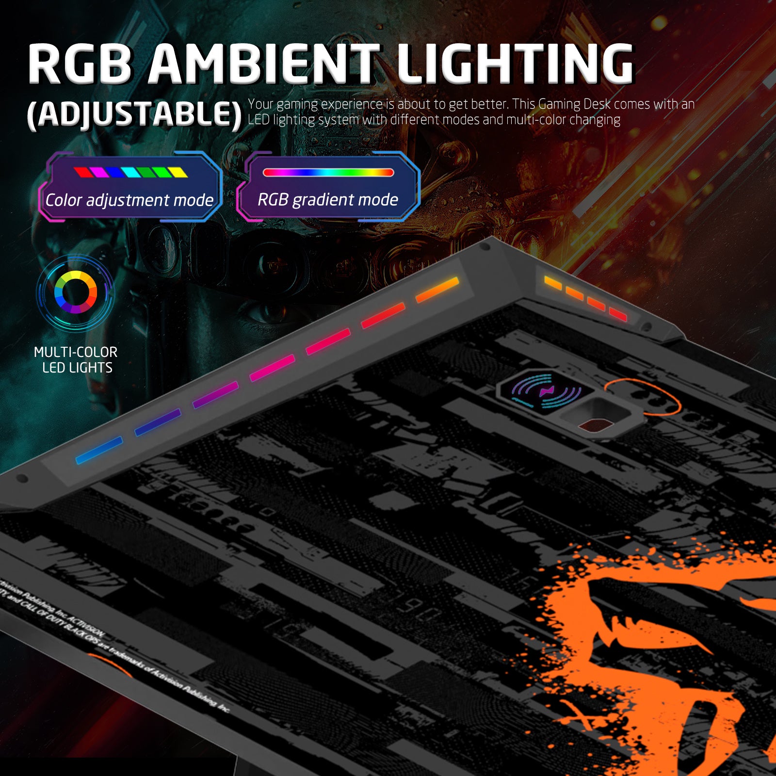 Call of Duty Flowing Light Gaming Desk With Full Table Mouse Pad, Wireless Charger, USB Splitter, Headphone Hook, Cup Holder