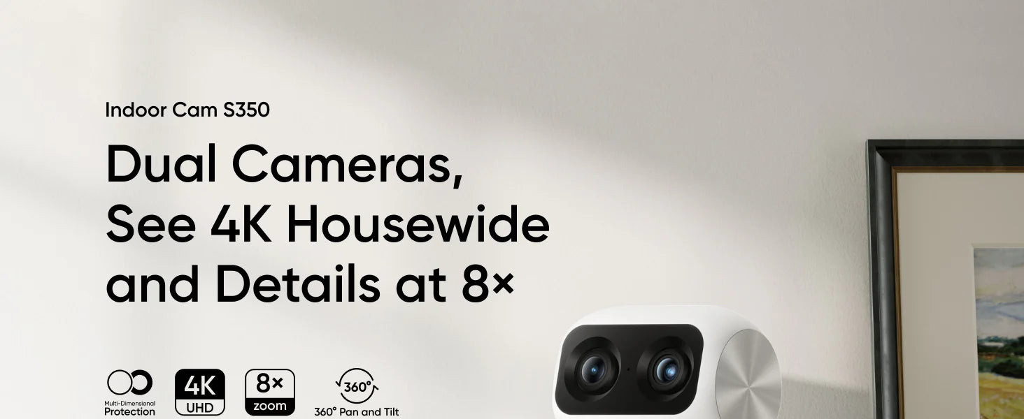 Eufy Security Indoor Cam S350,Dual Cameras, 4K UHD Resolution Security Camera with 8x Zoom and 360° PTZ, Human/Pet AI,Dual-Band Wi-Fi 6, White