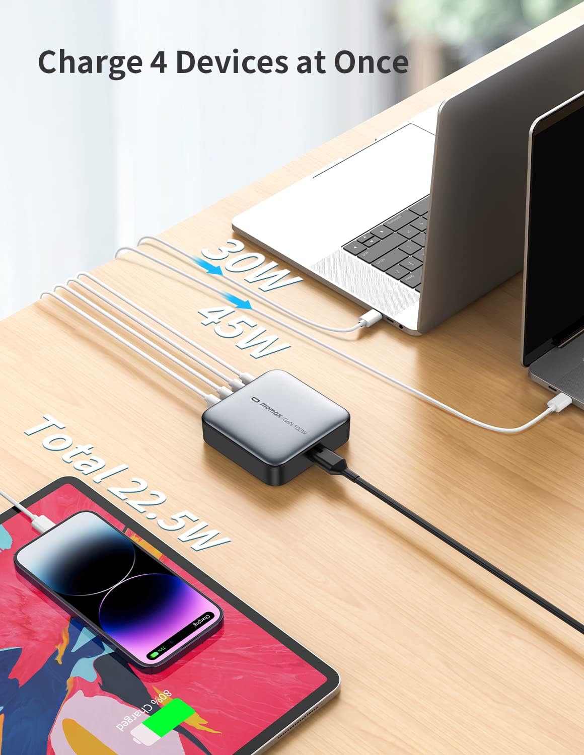 Momax OnePlug 100 Watts 4-Port Desktop Charger, Grey