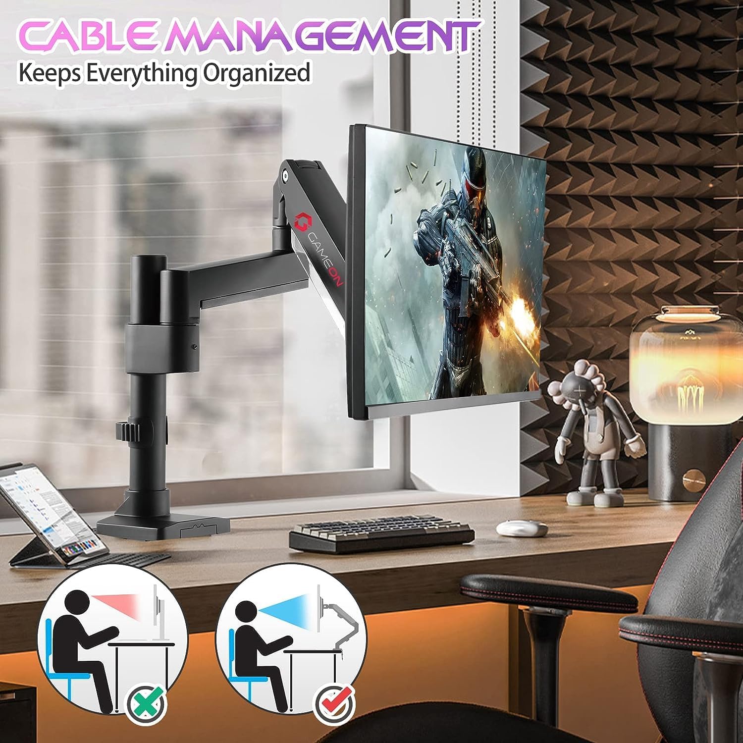 GAMEON GO-2083 Pole-Mounted Aluminum Heavy-Duty Spring-Assisted Single Monitor Arm For Gaming And Office Use, 17