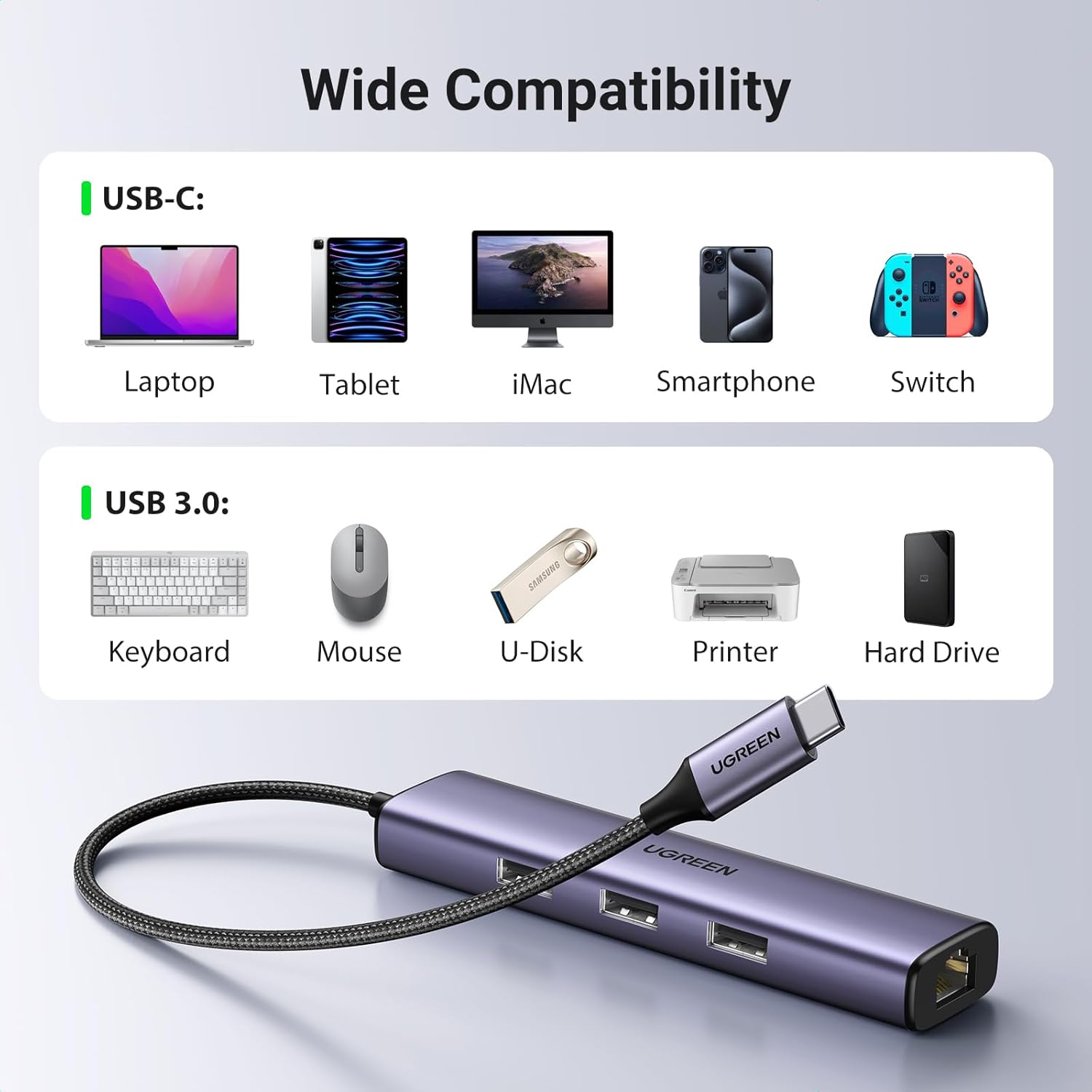 Ugreen multifunctional adapter HUB USB 3.0 - 3 x USB / Ethernet RJ-45 / USB Type C PD gray
