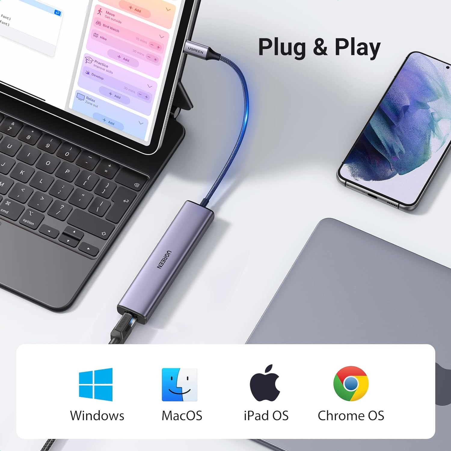 Ugreen multifunctional adapter HUB USB 3.0 - 3 x USB / Ethernet RJ-45 / USB Type C PD gray