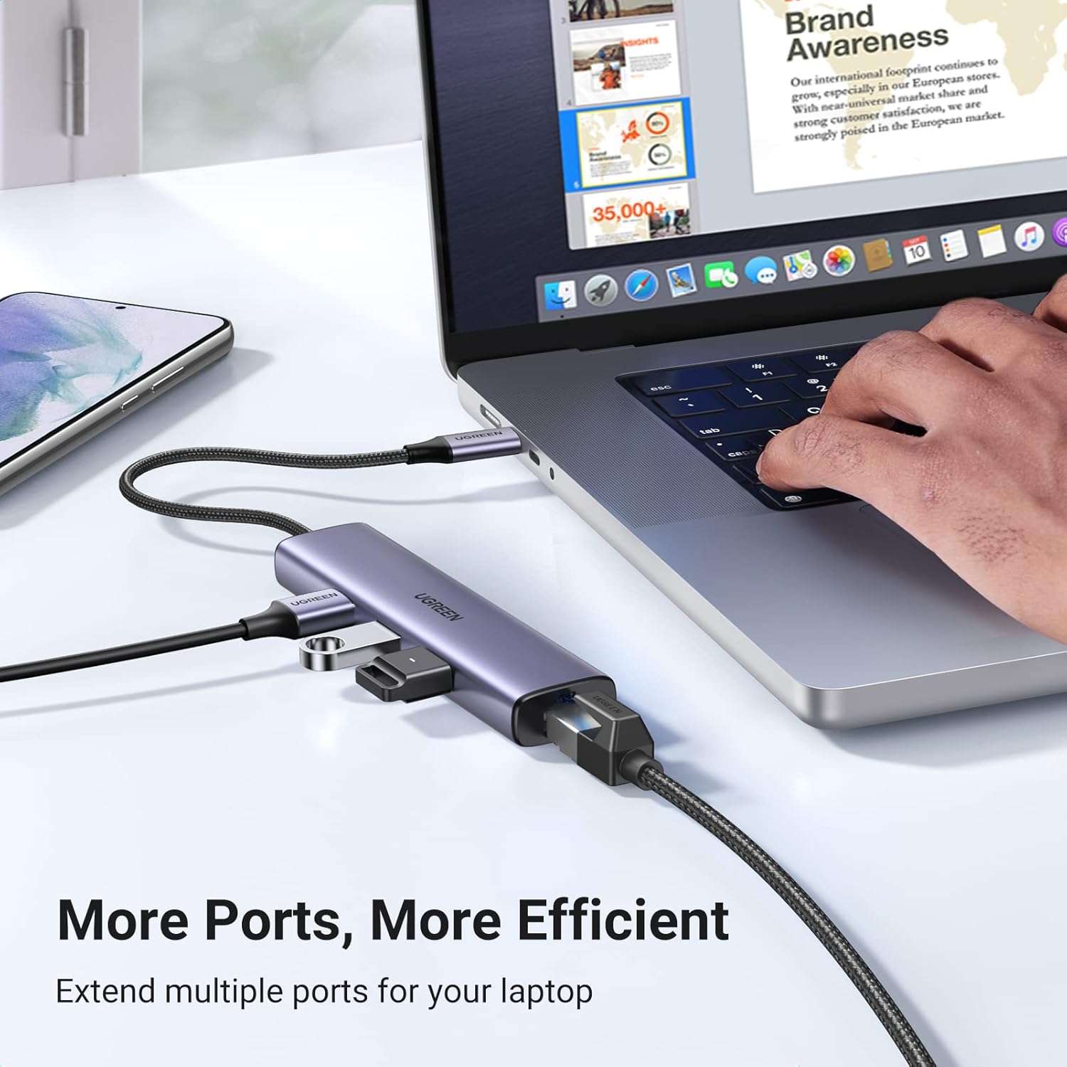 Ugreen multifunctional adapter HUB USB 3.0 - 3 x USB / Ethernet RJ-45 / USB Type C PD gray
