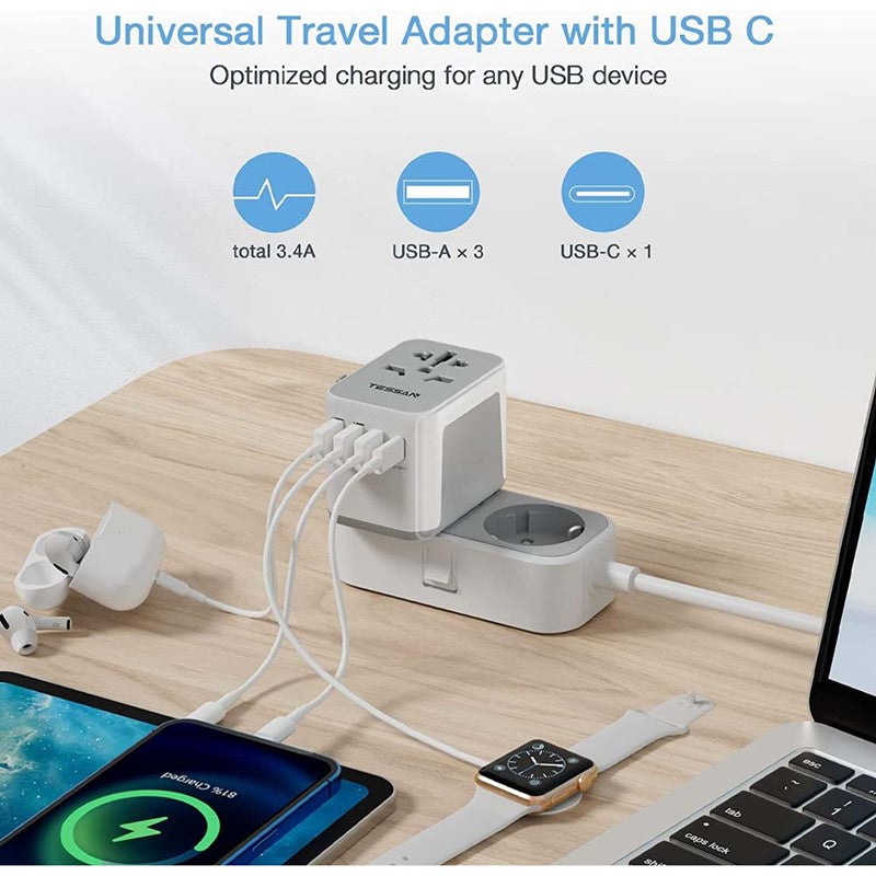 Universal Travel Adapter, Tessan International Plug Adaptor With 3 USB Ports + 1 USB C, Worldwide Wall Travel Charger
