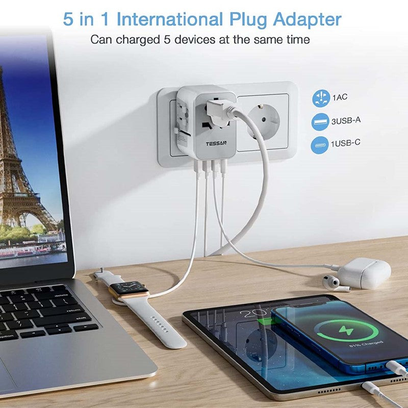 Universal Travel Adapter, Tessan International Plug Adaptor With 3 USB Ports + 1 USB C, Worldwide Wall Travel Charger