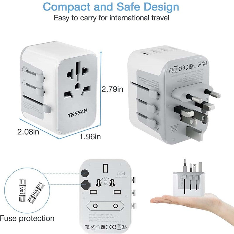 Universal Travel Adapter, Tessan International Plug Adaptor With 3 USB Ports + 1 USB C, Worldwide Wall Travel Charger