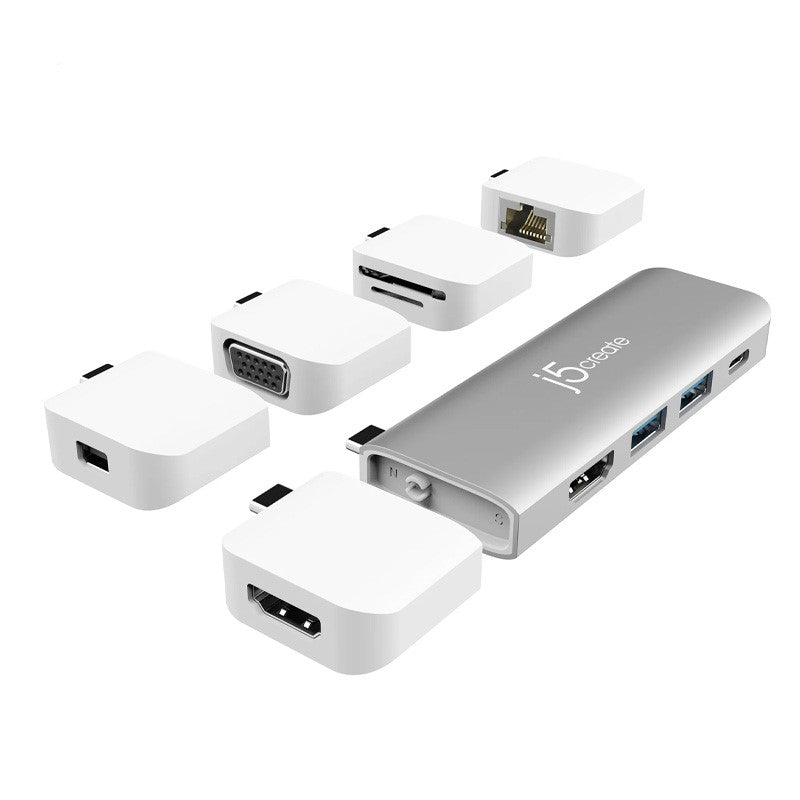 j5 create JCD389 قاعدة توصيل وحدات Ultradrive Kit USB-C متعددة الشاشات، تتضمن منفذين HDMI و4 منافذ USB - فضي وأبيض