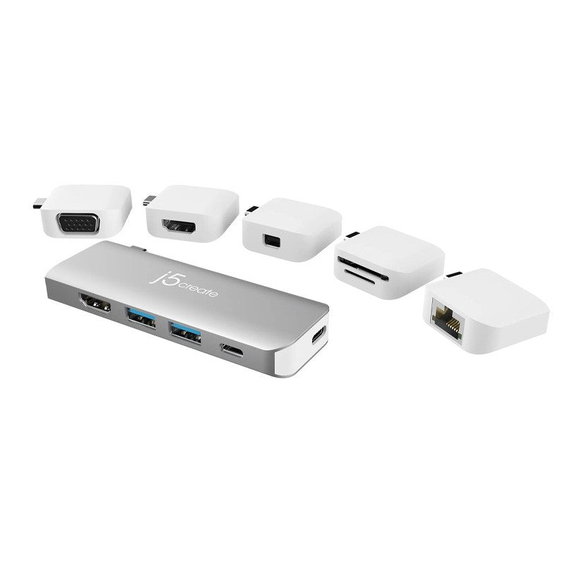j5 create JCD389 قاعدة توصيل وحدات Ultradrive Kit USB-C متعددة الشاشات، تتضمن منفذين HDMI و4 منافذ USB - فضي وأبيض