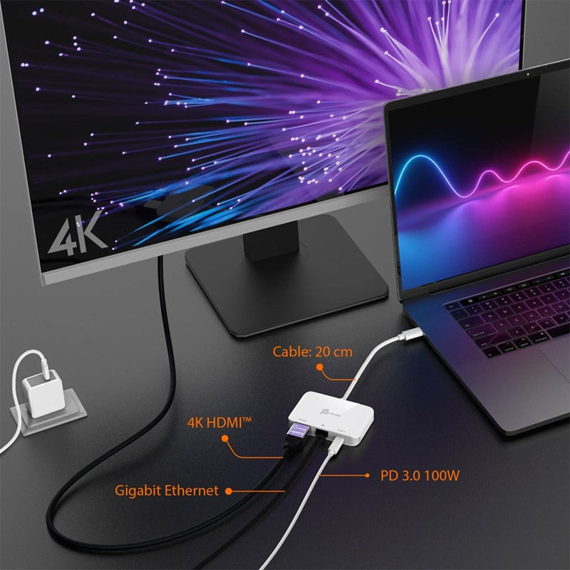 j5create محول USB-C إلى 4K HDMI إيثرنت، أبيض
