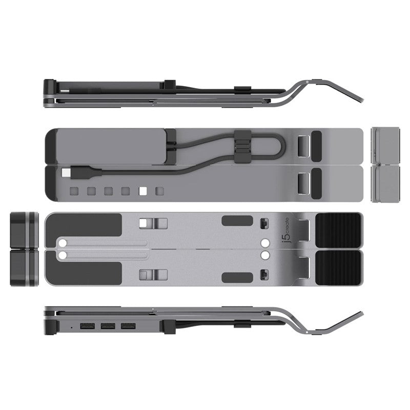 حامل كمبيوتر محمول j5create JTS223 مع موزع USB بأربعة منافذ، رمادي فضائي
