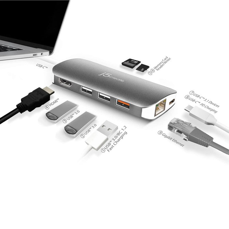 j5create JCD383 USB-C محول متعدد 9 في 1، فضي وأبيض