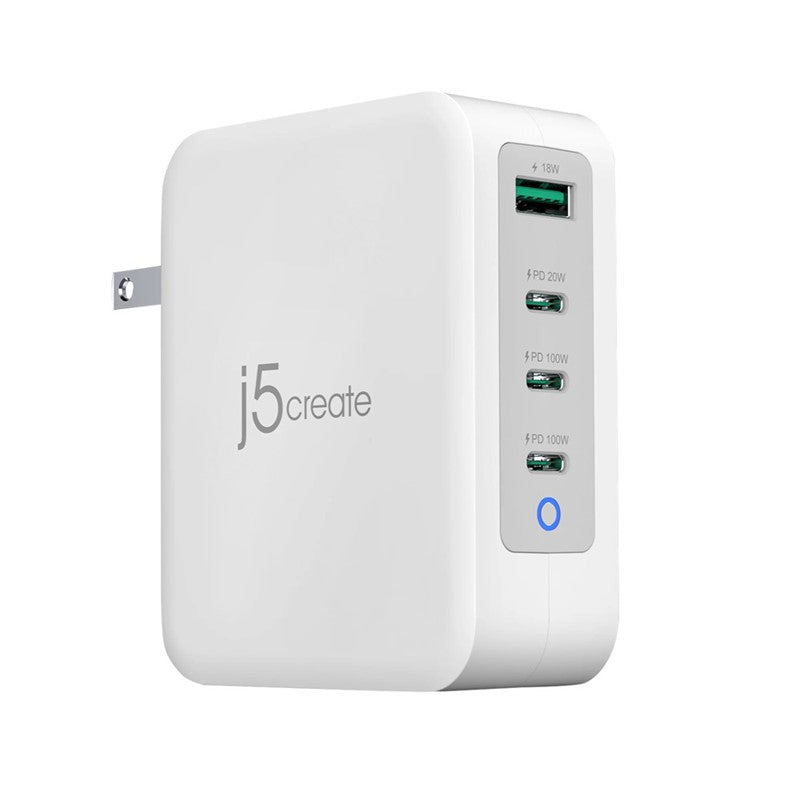 شاحن j5create 130W GaN USB-C بأربعة منافذ - المملكة المتحدة، أبيض ورمادي