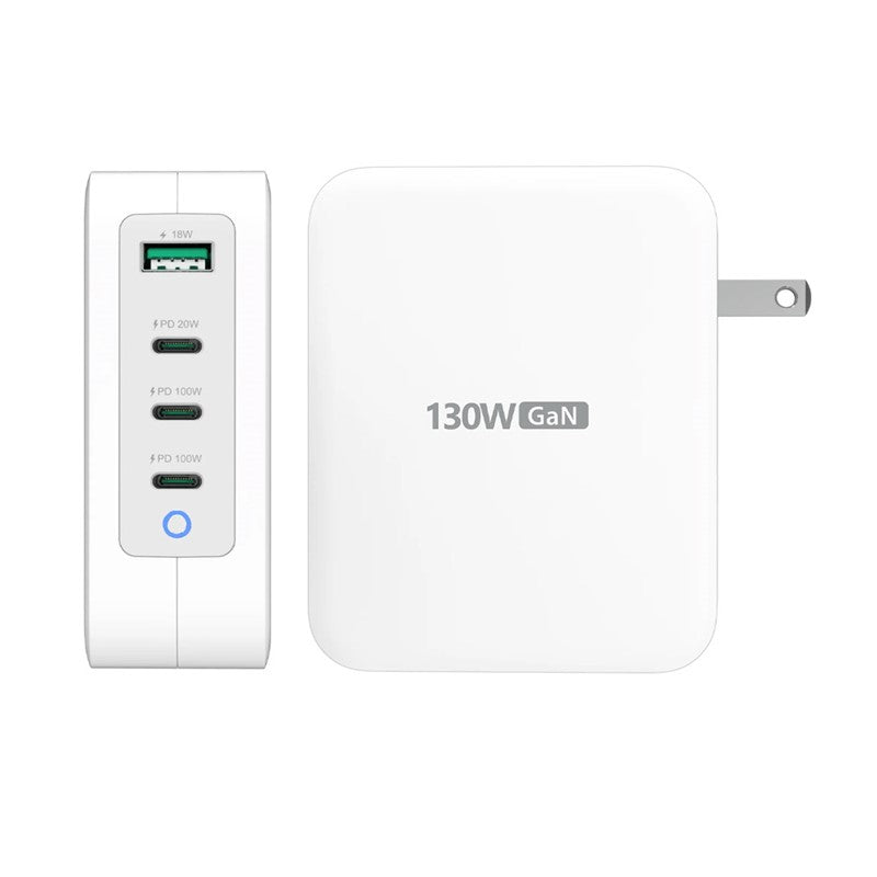 شاحن j5create 130W GaN USB-C بأربعة منافذ - المملكة المتحدة، أبيض ورمادي